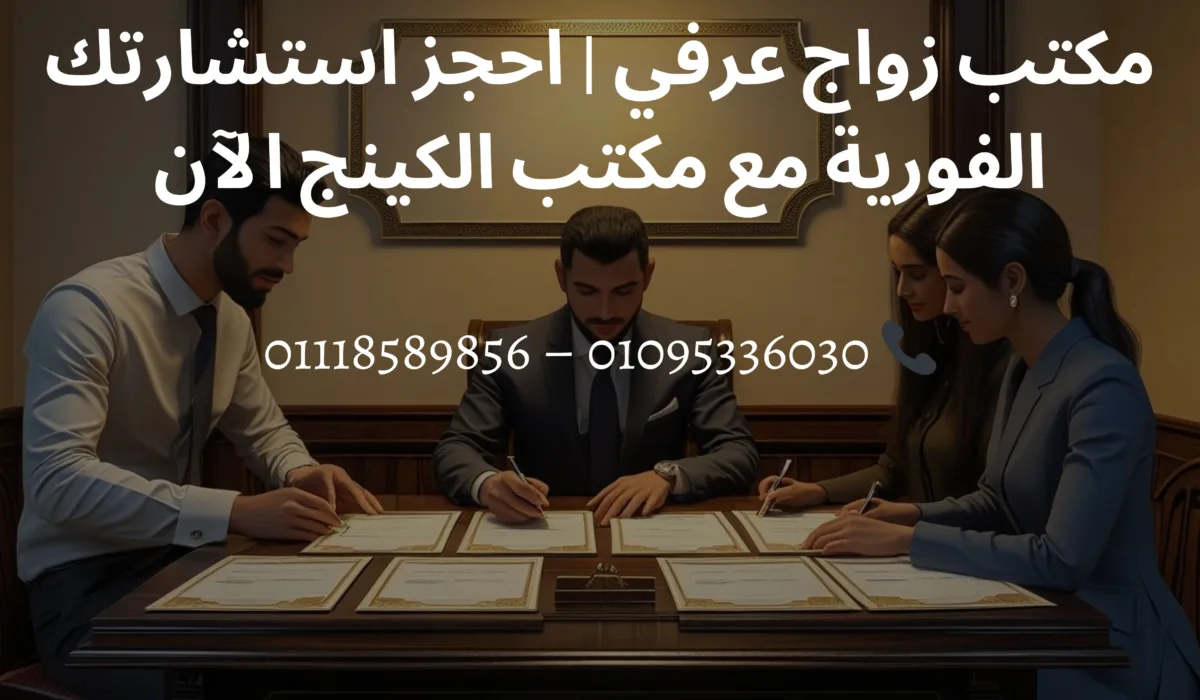 مكتب زواج عرفي في مصر مع رجلين وامرأة يوقعون عقد زواج في جو من السرية، مع ديكور كلاسيكي ولافتة ذهبية واضحة.