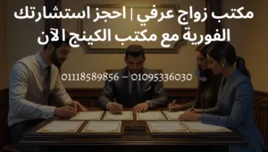 مكتب زواج عرفي في مصر مع رجلين وامرأة يوقعون عقد زواج في جو من السرية، مع ديكور كلاسيكي ولافتة ذهبية واضحة.